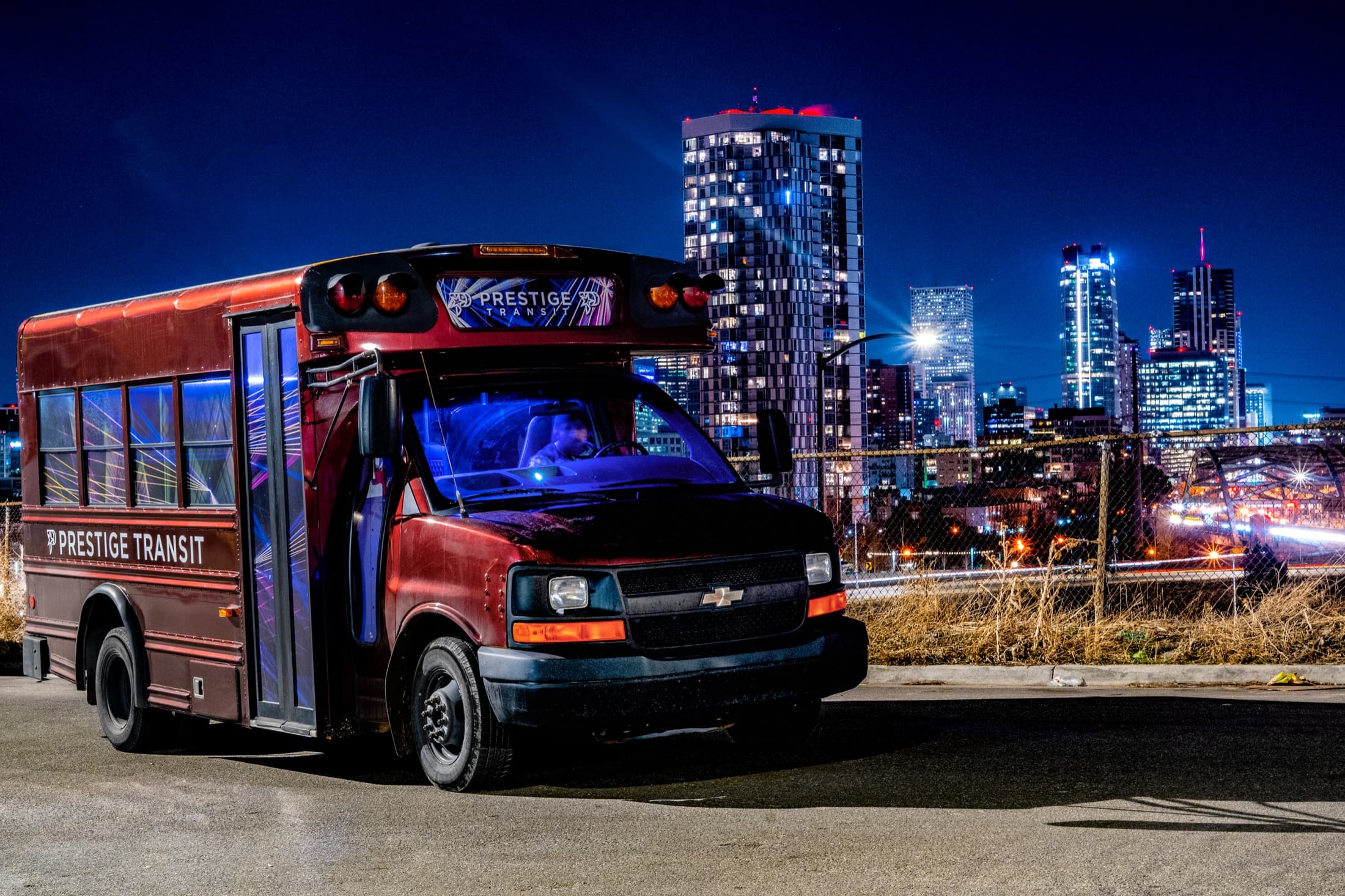 Interior of a Prestige Transit party bus with premium sound and lighting